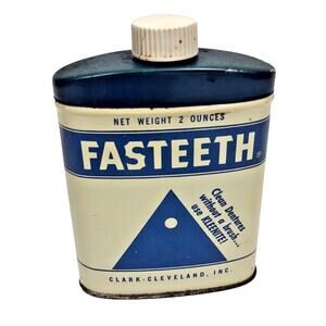 Vintage Fasteeth Clean Denture Powder Tin Clark Cleveland 2 oz Binghamton NY